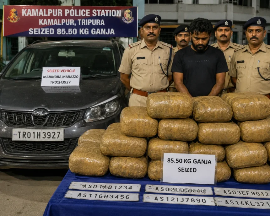 Tripura Police and BSF personnel inspect a vehicle after seizing a large quantity of suspected dried cannabis during a highway interception operation.