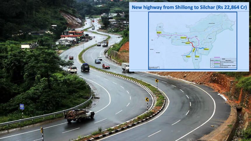 Illustration of the proposed ₹8,500-crore Jorabat–Barapani four-lane Greenfield Corridor aimed at reducing travel time between Guwahati and Shillong to one hour.