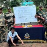 BSF and Tripura Police personnel display seized Yaba tablets recovered near the border fencing in the Raghna area during an anti-narcotics operation.