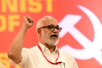 CPI(M) General Secretary M.A. Baby addressing supporters while announcing plans for nationwide public demonstrations and political campaigns.