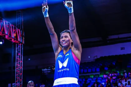 Lovlina Borgohain celebrating after winning gold at the Czech Republic Grand Prix boxing tournament.