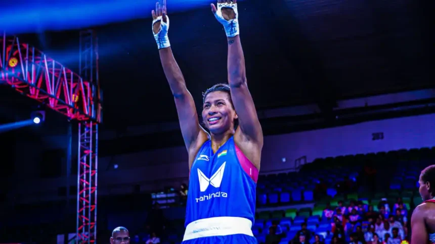 Lovlina Borgohain celebrating after winning gold at the Czech Republic Grand Prix boxing tournament.