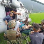 Indian Air Force helicopter evacuating simulated injured personnel during a high-altitude rescue drill in Tawang Arunachal Pradesh.