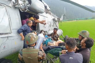 Indian Air Force helicopter evacuating simulated injured personnel during a high-altitude rescue drill in Tawang Arunachal Pradesh.