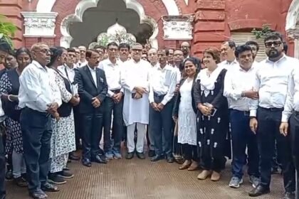Members of the Save Constitution Forum celebrate after securing a majority in the Tripura Bar Association elections.