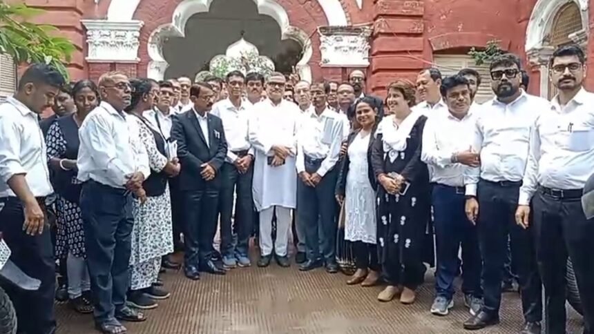 Members of the Save Constitution Forum celebrate after securing a majority in the Tripura Bar Association elections.