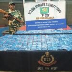 BSF and police personnel inspect seized Yaba tablets recovered near the Raghna Integrated Check Post in North Tripura.