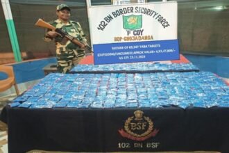 BSF and police personnel inspect seized Yaba tablets recovered near the Raghna Integrated Check Post in North Tripura.