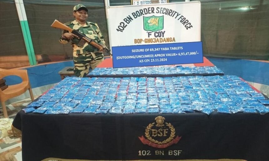 BSF and police personnel inspect seized Yaba tablets recovered near the Raghna Integrated Check Post in North Tripura.