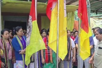 Members of the Tipra Women's Federation gather at Ampi Nagar during the organization's 5th Foundation Day celebration.