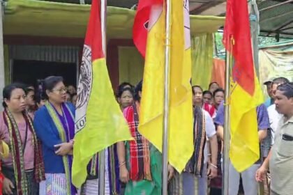 Members of the Tipra Women's Federation gather at Ampi Nagar during the organization's 5th Foundation Day celebration.