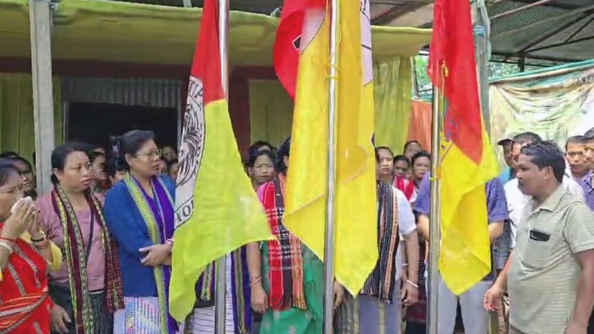Members of the Tipra Women's Federation gather at Ampi Nagar during the organization's 5th Foundation Day celebration.