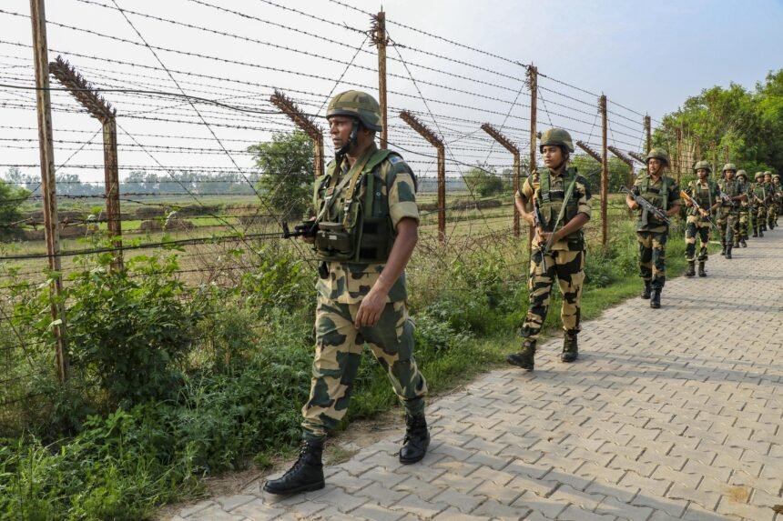 BSF personnel deployed at the India–Bangladesh border in Tripura during anti-smuggling operations near Kailashahar.