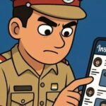 Police personnel in uniform with a smartphone, symbolizing restrictions on social media video creation in West Tripura police force.