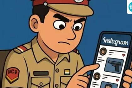 Police personnel in uniform with a smartphone, symbolizing restrictions on social media video creation in West Tripura police force.