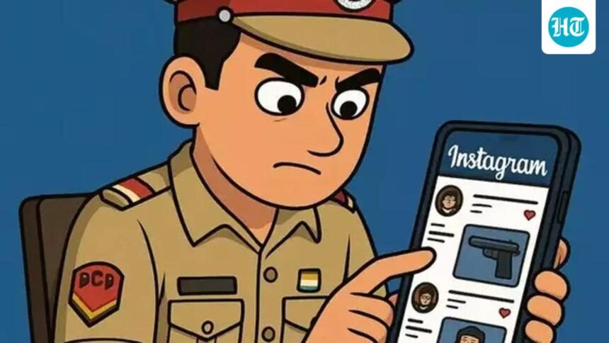 Police personnel in uniform with a smartphone, symbolizing restrictions on social media video creation in West Tripura police force.