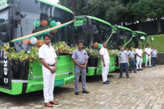 Electric buses lined up in Itanagar city as part of Arunachal Pradesh’s new eco-friendly public transport fleet rollout.