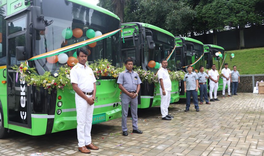 Electric buses lined up in Itanagar city as part of Arunachal Pradesh’s new eco-friendly public transport fleet rollout.