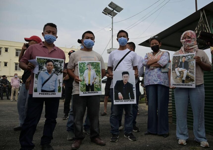 Large peaceful protest in Imphal with crowds demanding justice for six abducted and killed Naga civilians.
