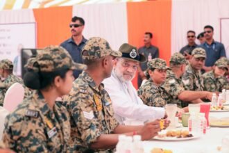 Union Home Minister inspecting a remote BSF border outpost in West Tripura.
