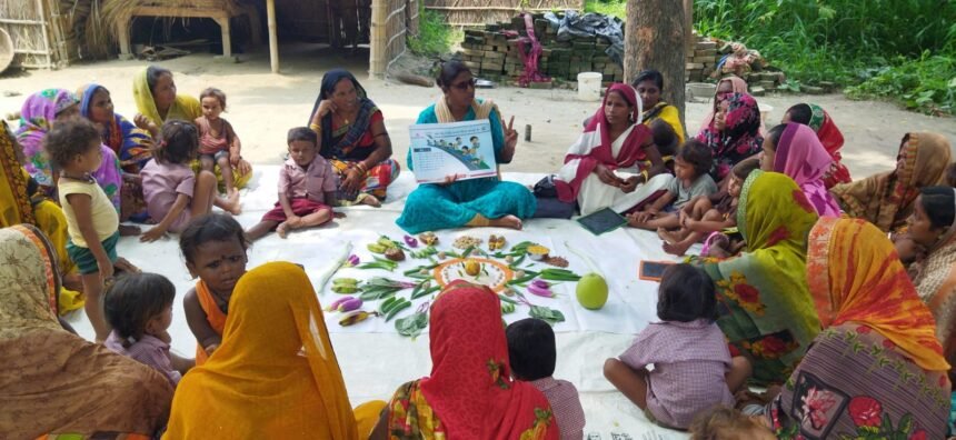 Anganwadi worker distributing nutritional supplements to pregnant women in a rural Mizoram village under a welfare scheme.