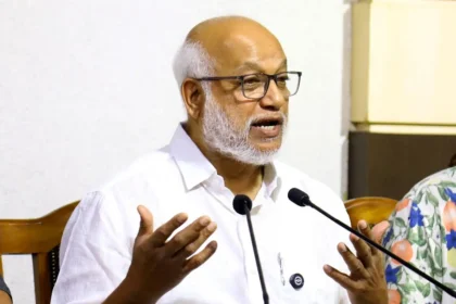 CPI(M) General Secretary M.A. Baby speaking during a visit to Agartala while discussing organizational reforms and electoral challenges faced by the Left Front.