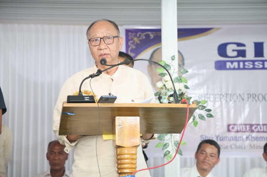 Chief Minister Yumnam Khemchand Singh addressing a public welfare camp in Imphal West, appealing for peace and harmony among citizens.