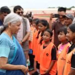 Nirmala Sitharaman inspecting construction progress at Wahiajer Football Stadium in Meghalaya during a youth development review visit.