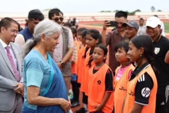 Nirmala Sitharaman inspecting construction progress at Wahiajer Football Stadium in Meghalaya during a youth development review visit.