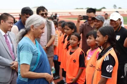 Nirmala Sitharaman inspecting construction progress at Wahiajer Football Stadium in Meghalaya during a youth development review visit.