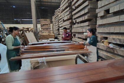 Workers processing bamboo materials in Tripura industrial unit under a government-backed bamboo development initiative.