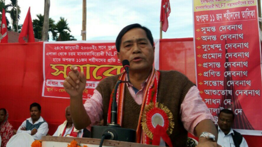 CPI(M) leader Jitendra Chaudhury addressing party members while commenting on the TTAADC election results and raising concerns over the electoral process.