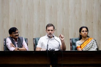 Opposition leaders addressing a press conference while criticizing election exit poll projections and discussing electoral transparency.
