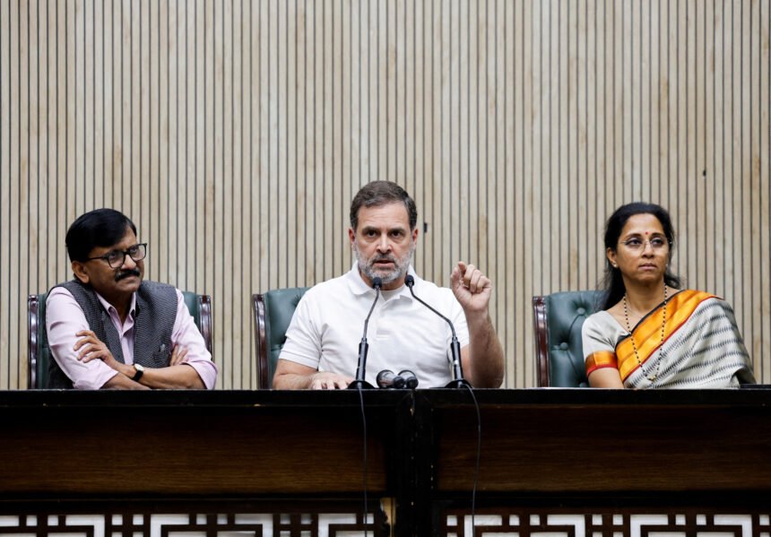 Opposition leaders addressing a press conference while criticizing election exit poll projections and discussing electoral transparency.