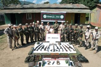 Multi-agency security personnel conduct coordinated combing operations in the fringe areas of Imphal East and Kangpokpi during a joint security sweep.