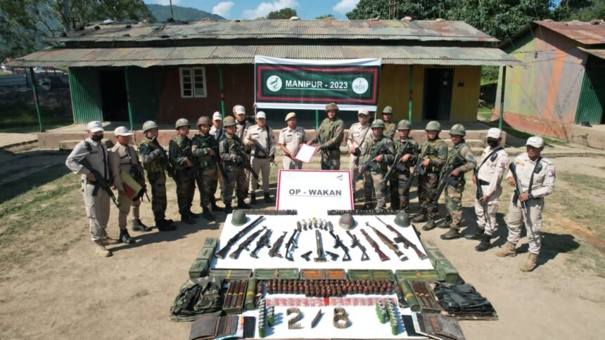Multi-agency security personnel conduct coordinated combing operations in the fringe areas of Imphal East and Kangpokpi during a joint security sweep.