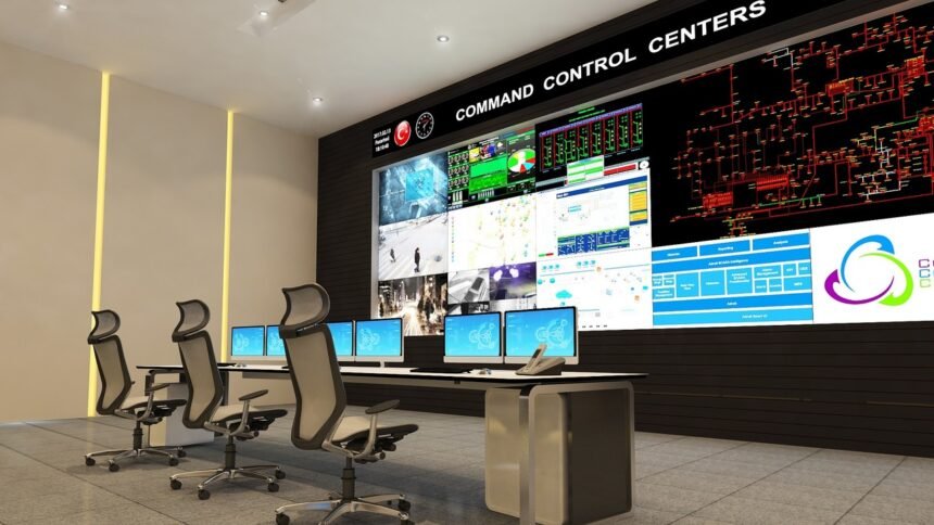 A conceptual view of a modern emergency command and control center equipped with advanced digital monitoring systems in Assam.