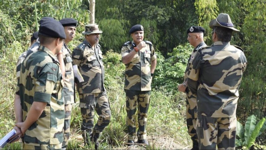 Tripura Police personnel conducting identity verification checks and security inspections near a border area.