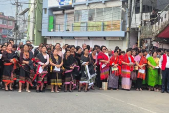 Residents of Longwa Village gather during a protest expressing concerns over the proposed India-Myanmar border fencing in Nagaland.