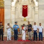 The NorthEast United FC "Highlanders" squad receives special honors during a ceremonial event at Rashtrapati Bhavan in recognition of their football achievements.