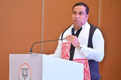 Assam Forest Minister Jayanta Mallabaruah addresses the Assembly while presenting data on illegal encroachment of state forest land.