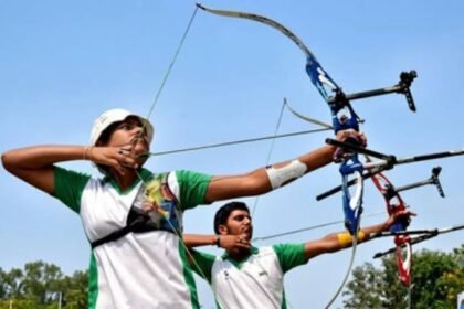 Construction workers resume work on the state-sponsored archery training facility in Thoubal, which is being developed to strengthen sports infrastructure and support athlete training in Manipur.