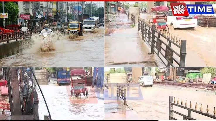 Floodwaters cover commercial streets in Guwahati as artificial flooding disrupts business areas and daily movement across the city.