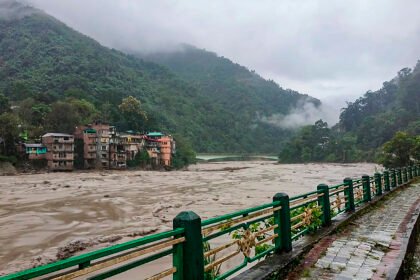 The Teesta River flows at a high level in Sikkim as disaster management officials monitor conditions and issue precautionary alerts for nearby low-lying areas.