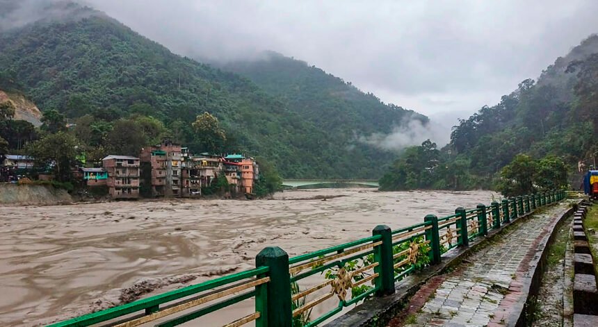 The Teesta River flows at a high level in Sikkim as disaster management officials monitor conditions and issue precautionary alerts for nearby low-lying areas.