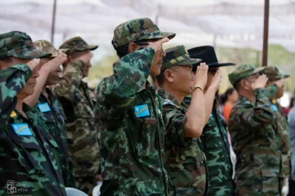 Security personnel secure the site of the reported ambush in Ukhrul district as investigation and search operations continue following casualties among Assam Rifles personnel.