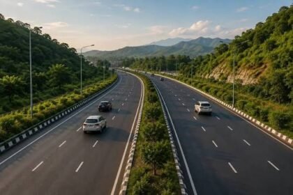 Construction work progresses on the Digaru-Narangi Road stretch as workers upgrade the corridor into a modern four-lane roadway to improve connectivity.