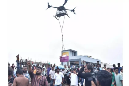 Payload drones deliver food packages over flooded areas of Majuli as part of an emergency relief operation for villages isolated by rising floodwaters.