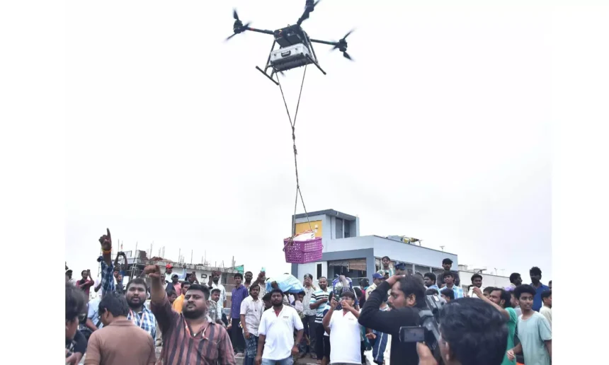Payload drones deliver food packages over flooded areas of Majuli as part of an emergency relief operation for villages isolated by rising floodwaters.