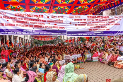 Civil society members participate in a peaceful sit-in protest in Imphal, calling for greater security accountability amid ongoing civilian unrest.